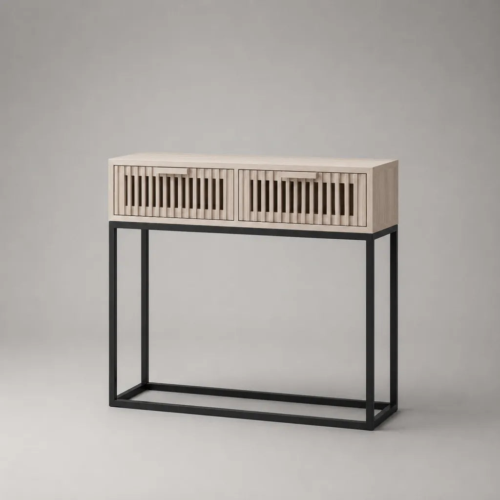 Consolle con 2 cassetti in MDF impiallacciato e acciaio, beige e nero, 100 x 30 x 90 cm
