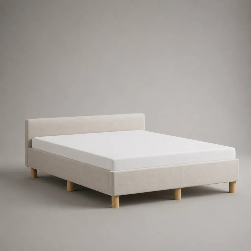 Letto matrimoniale imbottito in tessuto beige con testiera e rete a doghe, 160 x 200 cm, dimensioni 215 x 172 x 88 cm