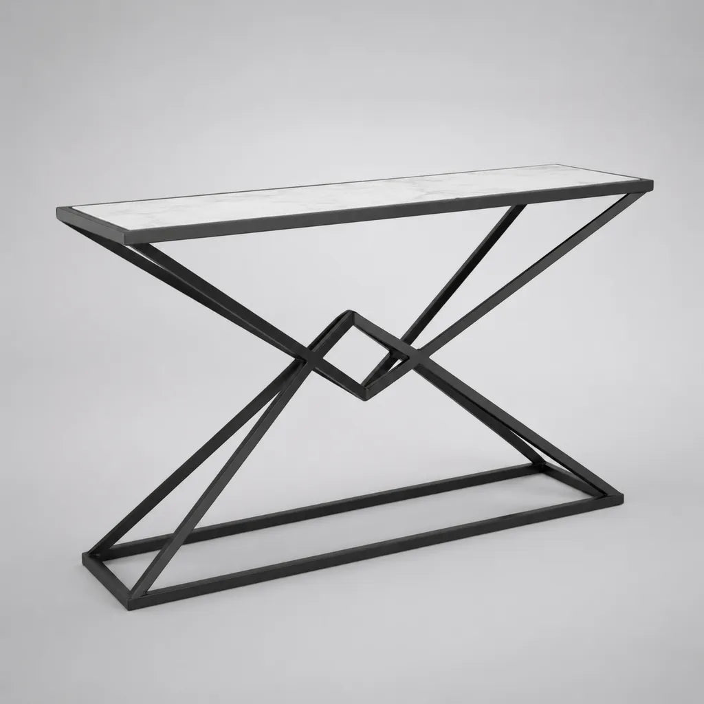 Consolle rettangolare in ceramica effetto marmo e acciaio nero, 120 × 35 × 78 cm