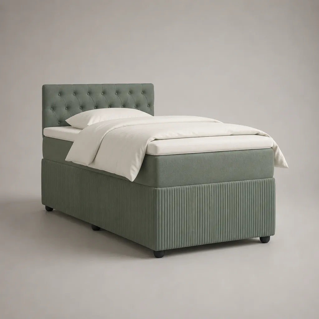 Letto singolo imbottito in velluto verde salvia con testiera bottonata, materasso e sovramaterasso, 100 x 210 x 115 cm, superficie di riposo 90 x 200 cm