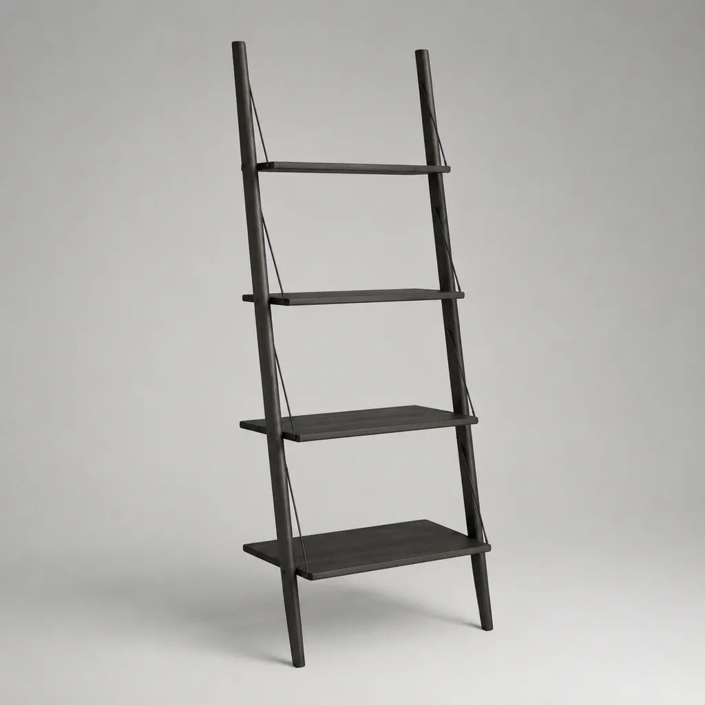 Scaffale a scala in legno massello nero con 4 ripiani, 60 × 38 × 180 cm