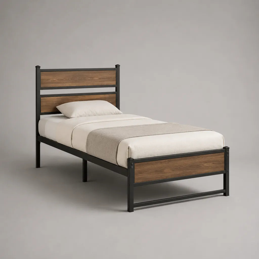 Letto singolo 90 x 200 cm in acciaio e pannelli MDF, nero e marrone
