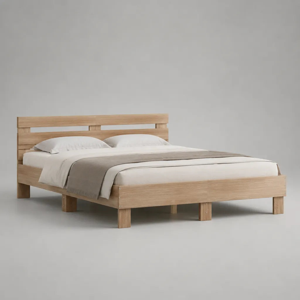 Letto matrimoniale in legno rovere chiaro 160 x 200 cm con testiera e rete a doghe