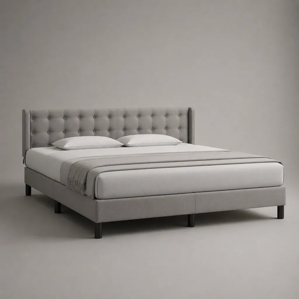 Letto matrimoniale imbottito 160 x 200 cm in poliestere grigio chiaro con testiera trapuntata