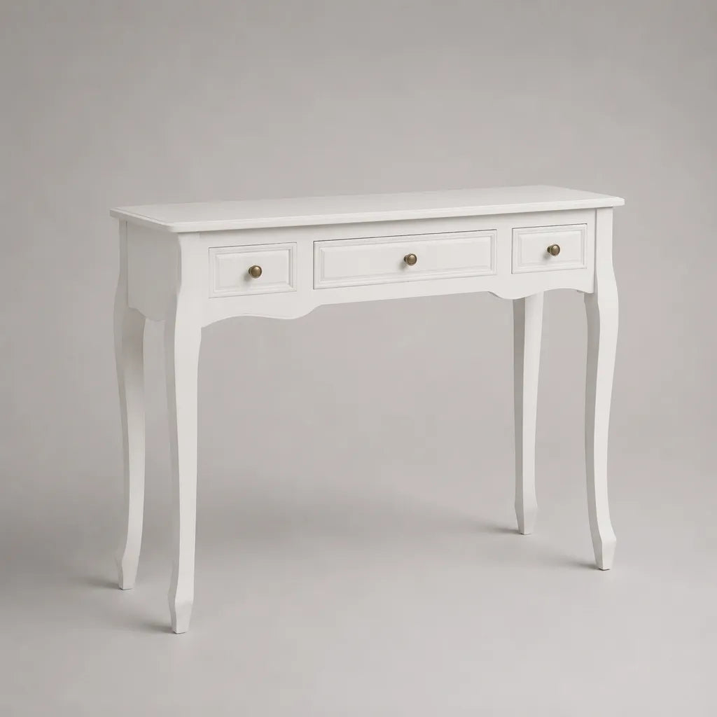 Consolle rettangolare in MDF e pino massello bianca con 3 cassetti, 100 × 35 × 80 cm