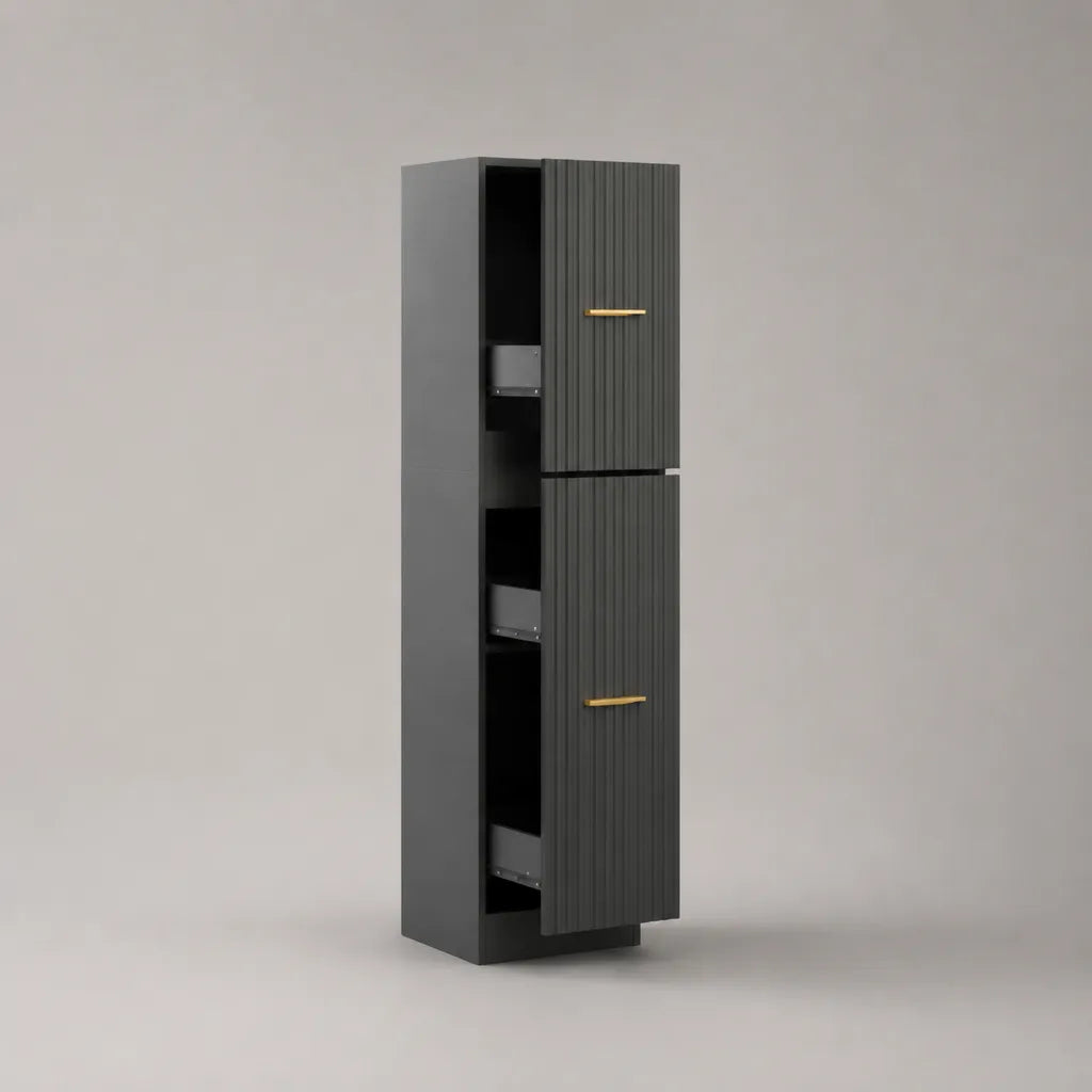 Mobile alto in MDF con 2 ante e 3 vani aperti, antracite, nero e dorato, 40 × 35 × 180 cm