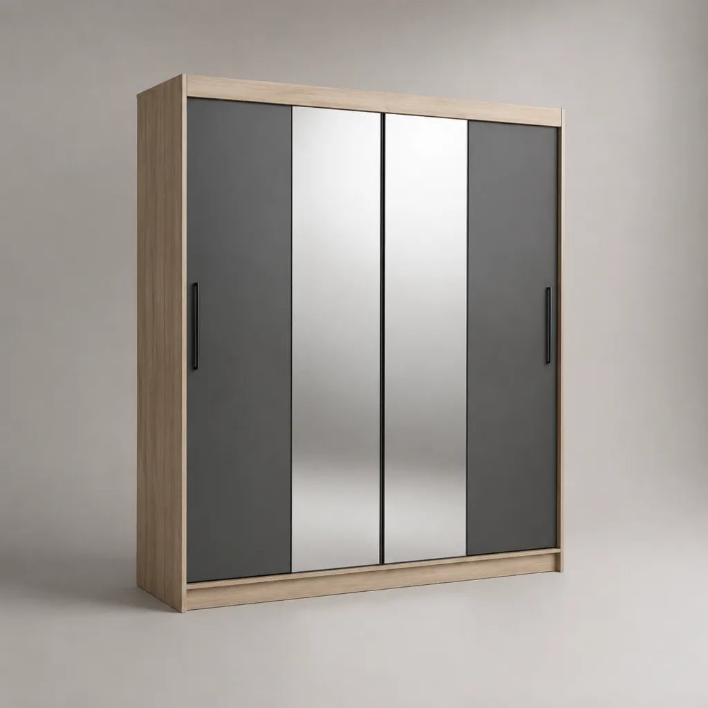 Armadio guardaroba con 2 ante scorrevoli e 2 specchi in pannello truciolare melaminico, rovere chiaro e grigio antracite, 200 x 60 x 220 cm