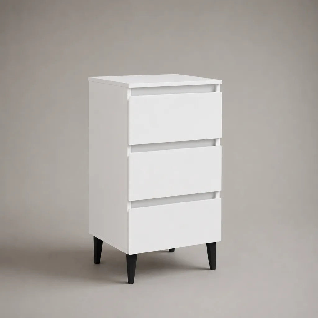 Comodino rettangolare con 3 cassetti in pannelli di particelle melaminici, bianco e nero, 40 × 35 × 70 cm