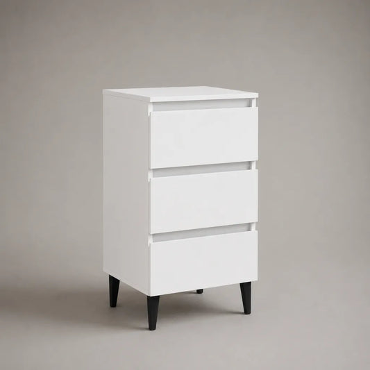 Comodino rettangolare con 3 cassetti in pannelli di particelle melaminici, bianco e nero, 40 × 35 × 70 cm