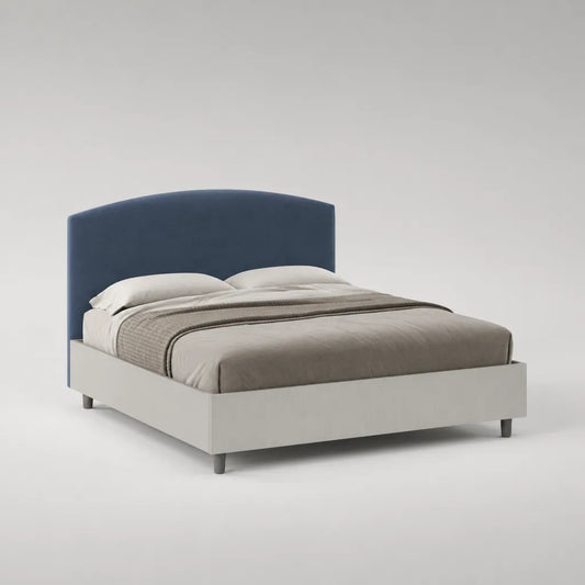 Letto matrimoniale 160 x 200 cm in legno bianco con testiera imbottita in tessuto blu scuro, 170 x 210 x 115 cm