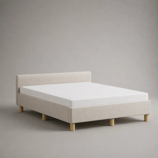 Letto matrimoniale imbottito in tessuto beige con testiera e rete a doghe, 160 x 200 cm, dimensioni 215 x 172 x 88 cm