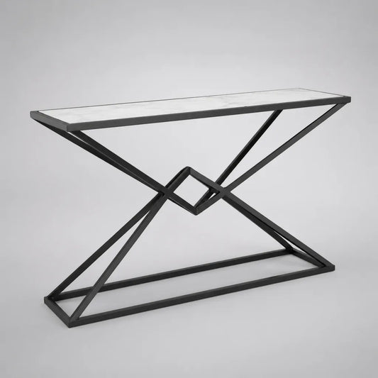 Consolle rettangolare in ceramica effetto marmo e acciaio nero, 120 × 35 × 78 cm