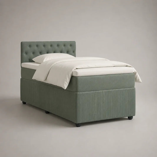 Letto singolo imbottito in velluto verde salvia con testiera bottonata, materasso e sovramaterasso, 100 x 210 x 115 cm, superficie di riposo 90 x 200 cm