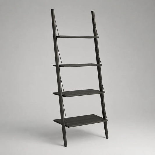 Scaffale a scala in legno massello nero con 4 ripiani, 60 × 38 × 180 cm