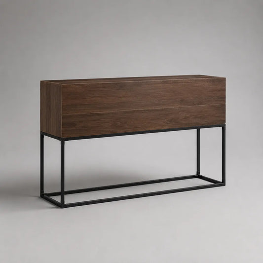 Consolle rettangolare con 2 cassetti in MDF impiallacciato noce e telaio in acciaio nero, 120 × 35 × 80 cm