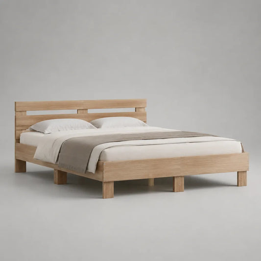 Letto matrimoniale in legno rovere chiaro 160 x 200 cm con testiera e rete a doghe