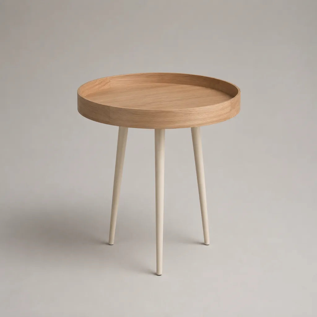 Tavolino laterale rotondo in legno e metallo, rovere naturale e bianco crema, Ø 45 x 55 cm
