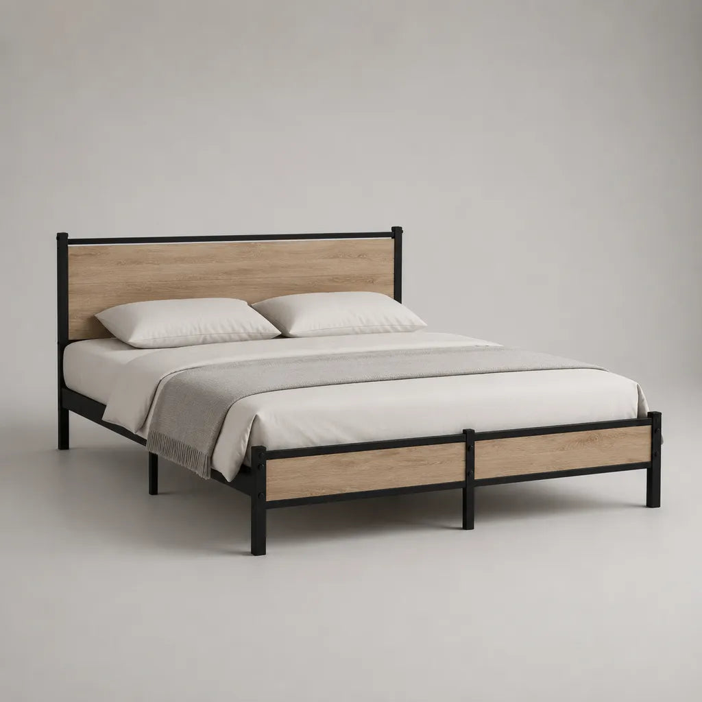 Struttura letto matrimoniale 160 × 200 cm in acciaio e truciolare, nero e rovere naturale