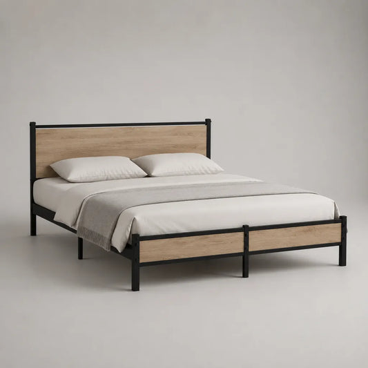 Struttura letto matrimoniale 160 × 200 cm in acciaio e truciolare, nero e rovere naturale
