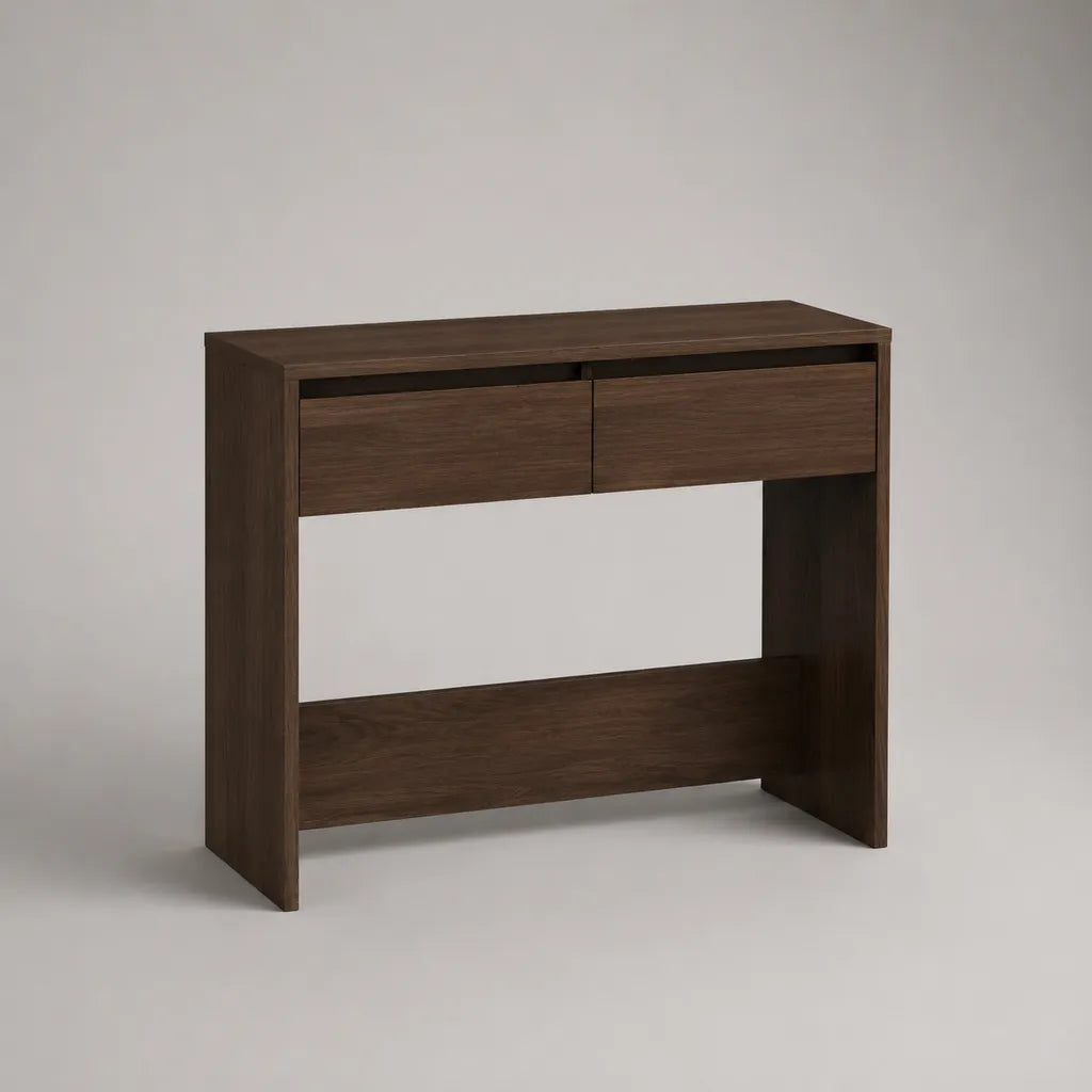 Consolle rettangolare in MDF melaminico effetto noce marrone scuro con 2 cassetti, 100 × 30 × 80 cm