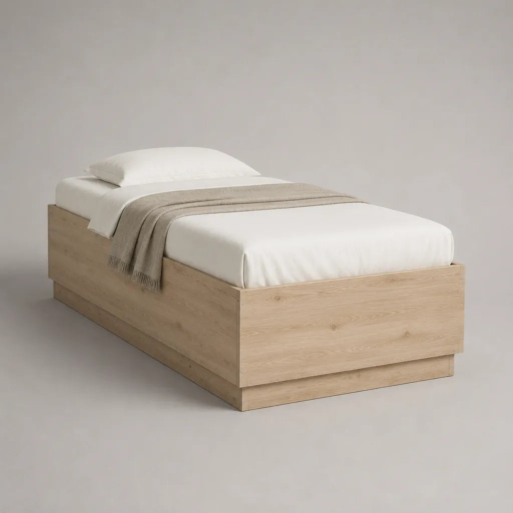 Letto singolo rettangolare senza testiera 90 x 200 cm in pannelli truciolari melaminici, rovere chiaro