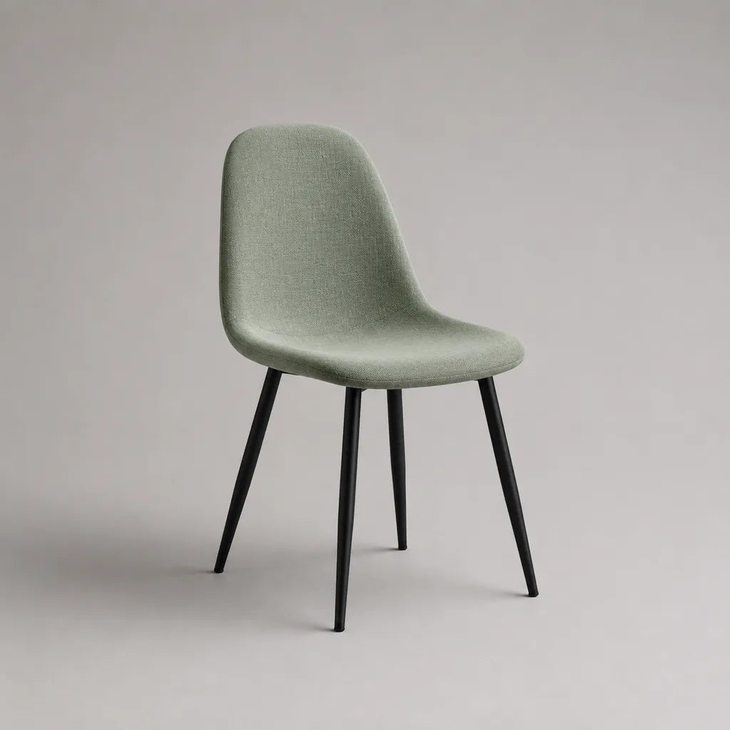 Sedia da pranzo imbottita in tessuto verde salvia con gambe in metallo nero, 48 × 55 × 84 cm
