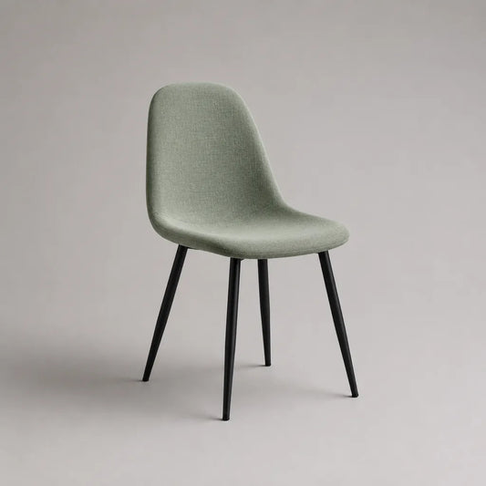 Sedia da pranzo imbottita in tessuto verde salvia con gambe in metallo nero, 48 × 55 × 84 cm
