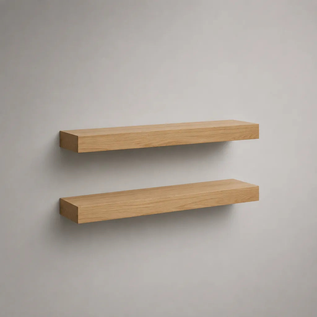 Set di 2 mensole sospese da parete in legno MDF impiallacciato, rovere naturale, 80 x 20 x 5 cm