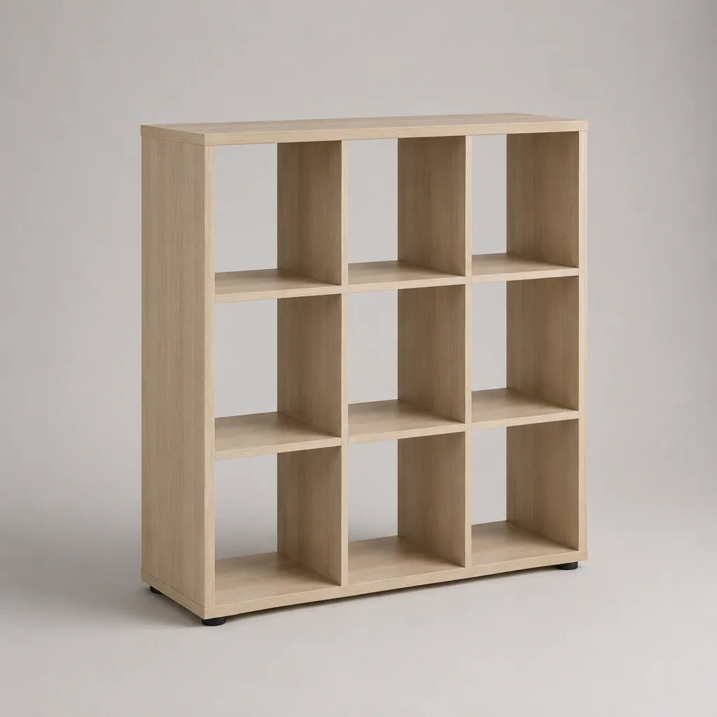 Scaffale libreria rettangolare in pannello truciolare con 9 vani, rovere chiaro, 100 × 30 × 100 cm