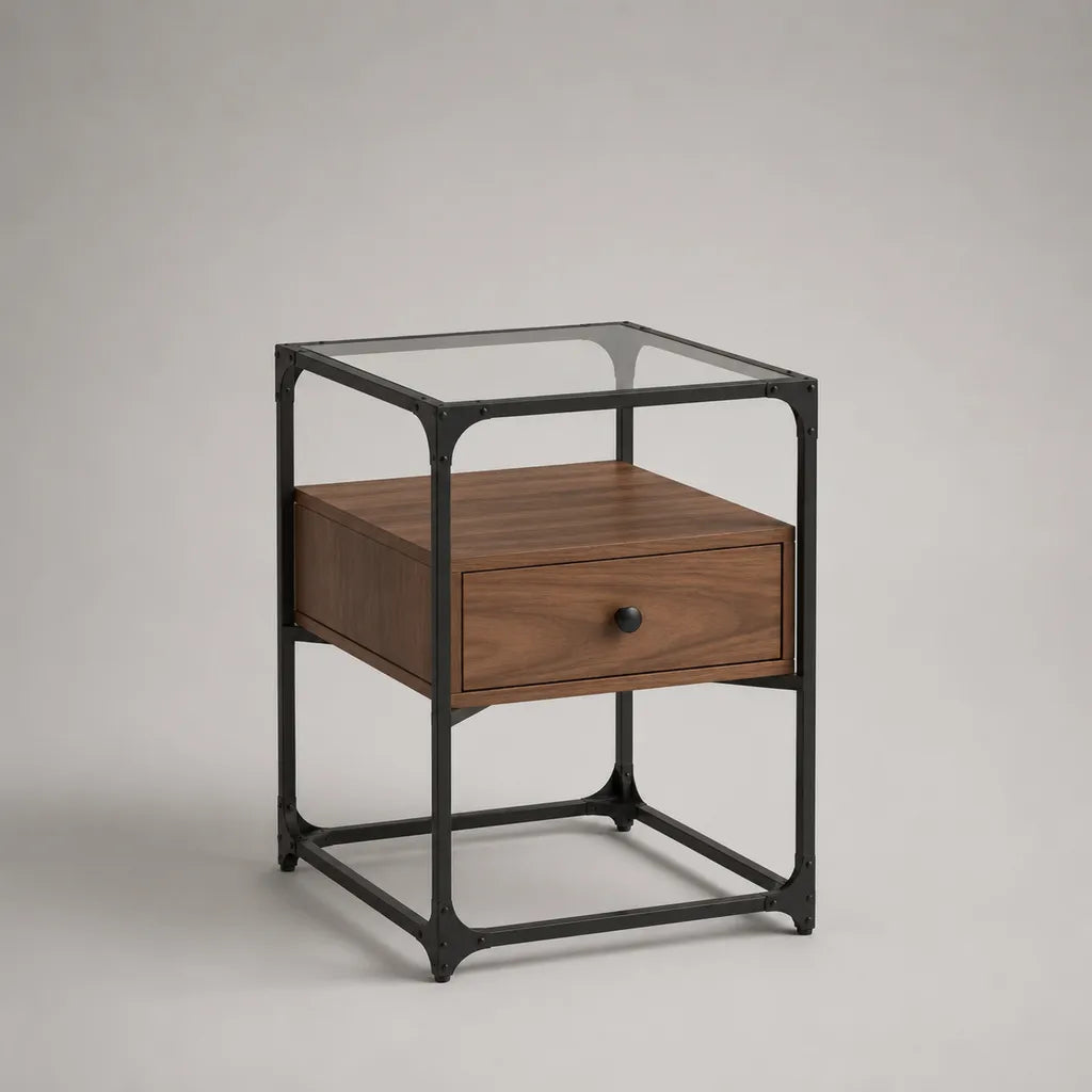 Comodino rettangolare marrone noce e nero con cassetto in MDF e telaio in acciaio, 45 x 40 x 60 cm