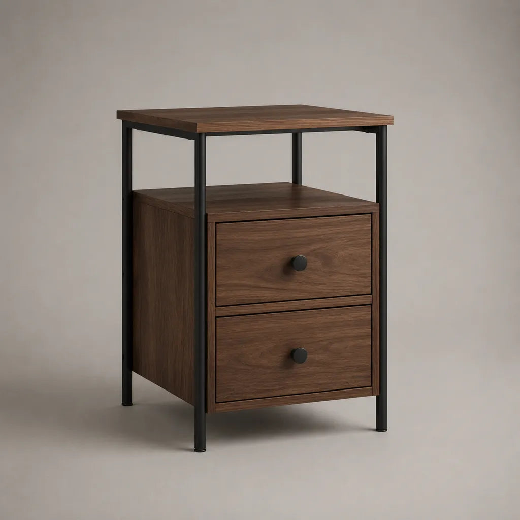 Comodino rettangolare con 2 cassetti e vano aperto in MDF rivestito in melamina e acciaio, marrone noce e nero, 45 × 40 × 65 cm