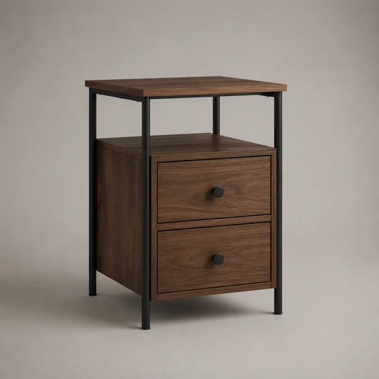 Comodino rettangolare con 2 cassetti e vano aperto in MDF rivestito in melamina e acciaio, marrone noce e nero, 45 × 40 × 65 cm