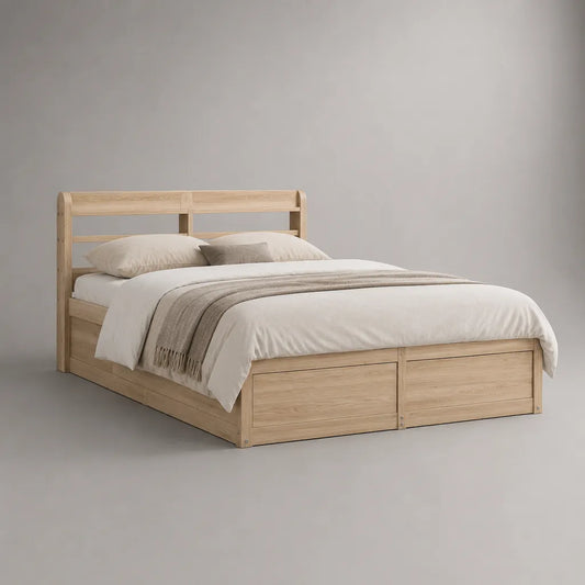 Letto matrimoniale contenitore in pino massello con 2 cassetti, 168 x 210 x 105 cm, rete 160 x 200 cm, rovere naturale