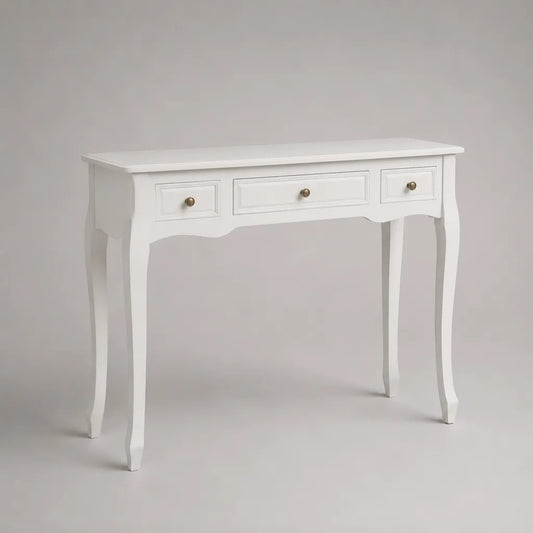 Consolle rettangolare in MDF e pino massello bianca con 3 cassetti, 100 × 35 × 80 cm