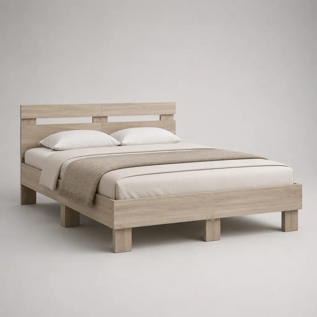 Letto matrimoniale in pannello truciolare rovere chiaro con rete a doghe, materasso 160 × 200 cm