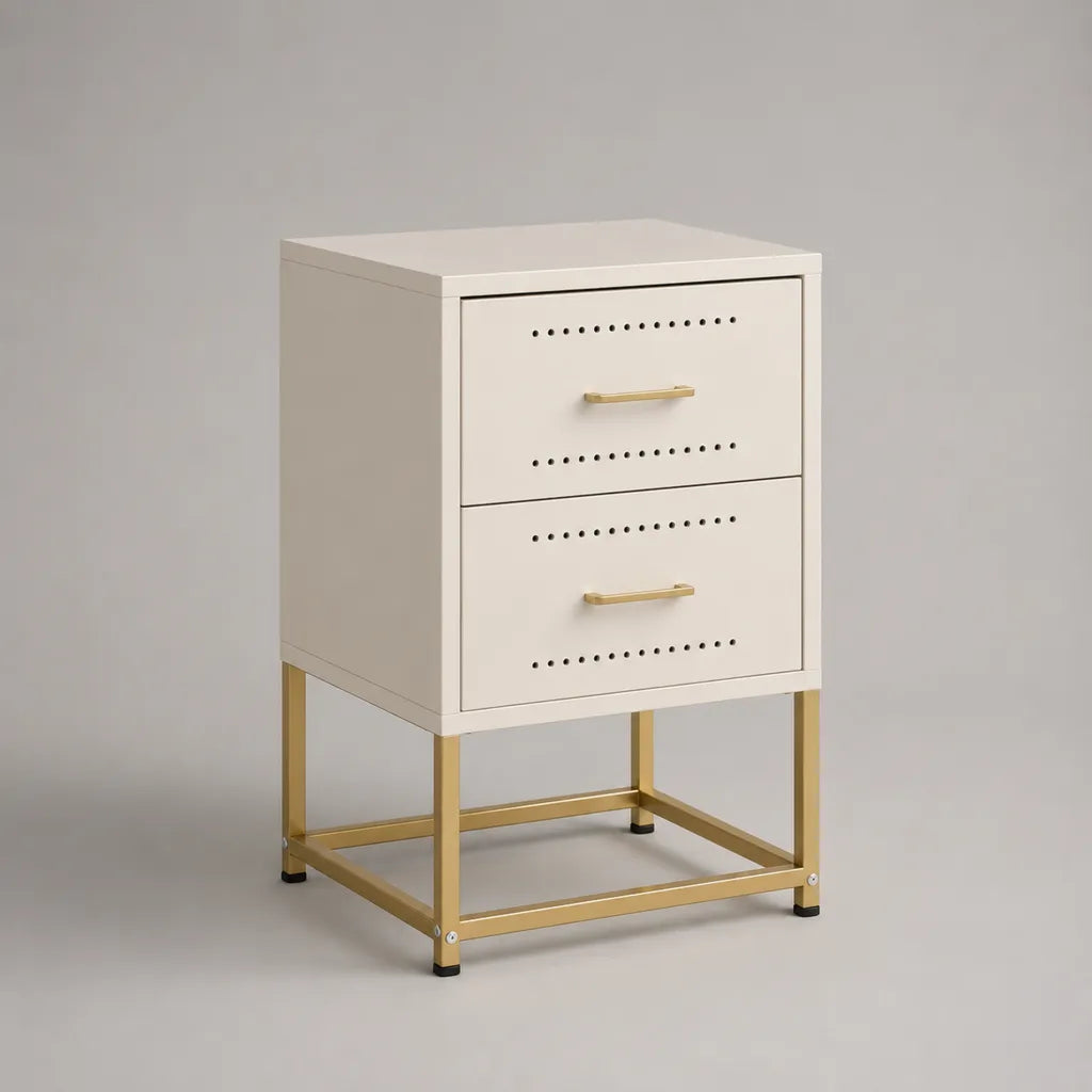Comodino rettangolare in acciaio con 2 cassetti, bianco crema e oro, 40 × 35 × 65 cm