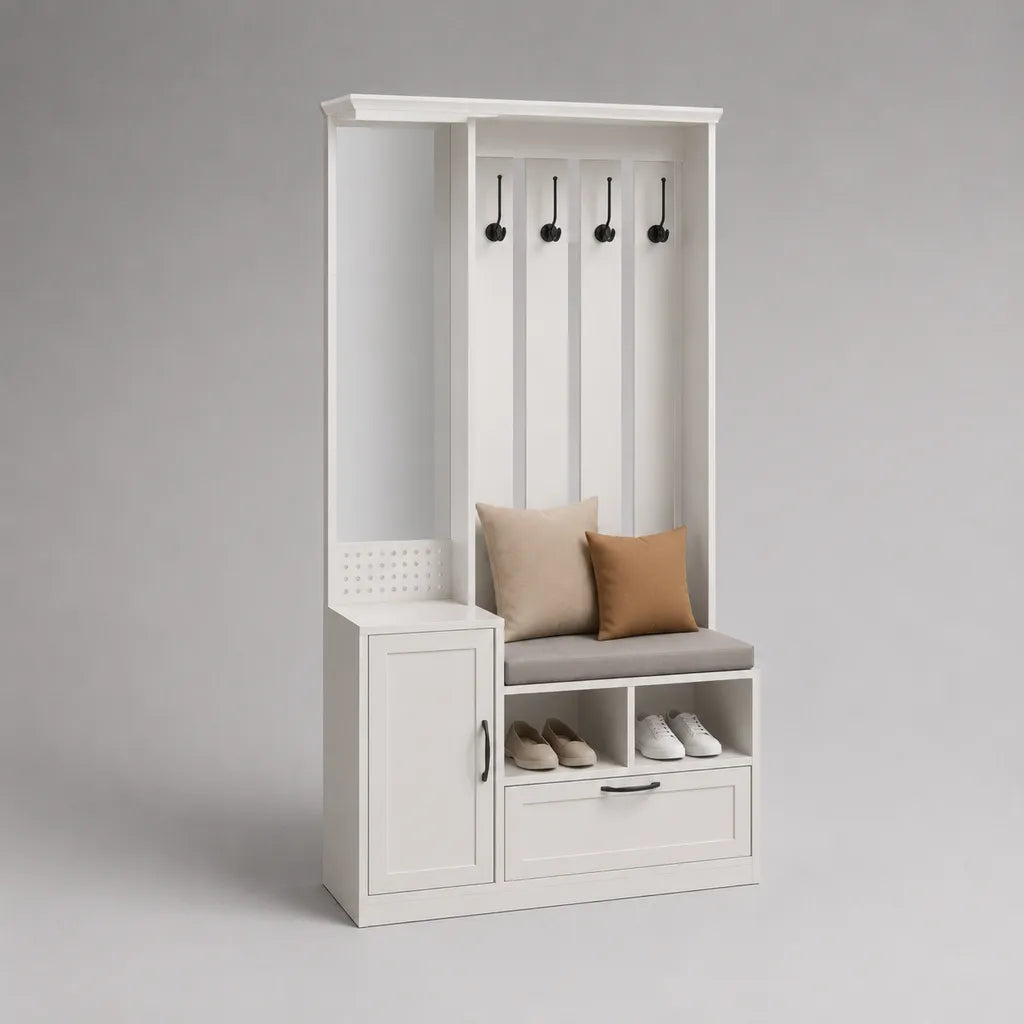 Mobile da ingresso in MDF e acciaio con panca, appendiabiti e scarpiera, bianco, grigio e nero, 100 × 40 × 190 cm