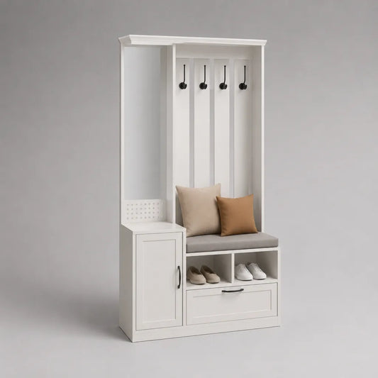 Mobile da ingresso in MDF e acciaio con panca, appendiabiti e scarpiera, bianco, grigio e nero, 100 × 40 × 190 cm