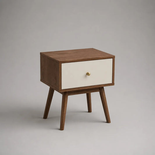 Comodino rettangolare in legno e MDF con cassetto, marrone noce, bianco e oro, 45 × 35 × 55 cm