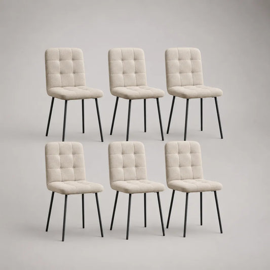 Set di 6 sedie da pranzo imbottite beige in tessuto con gambe in acciaio nero, 45 × 55 × 84 cm